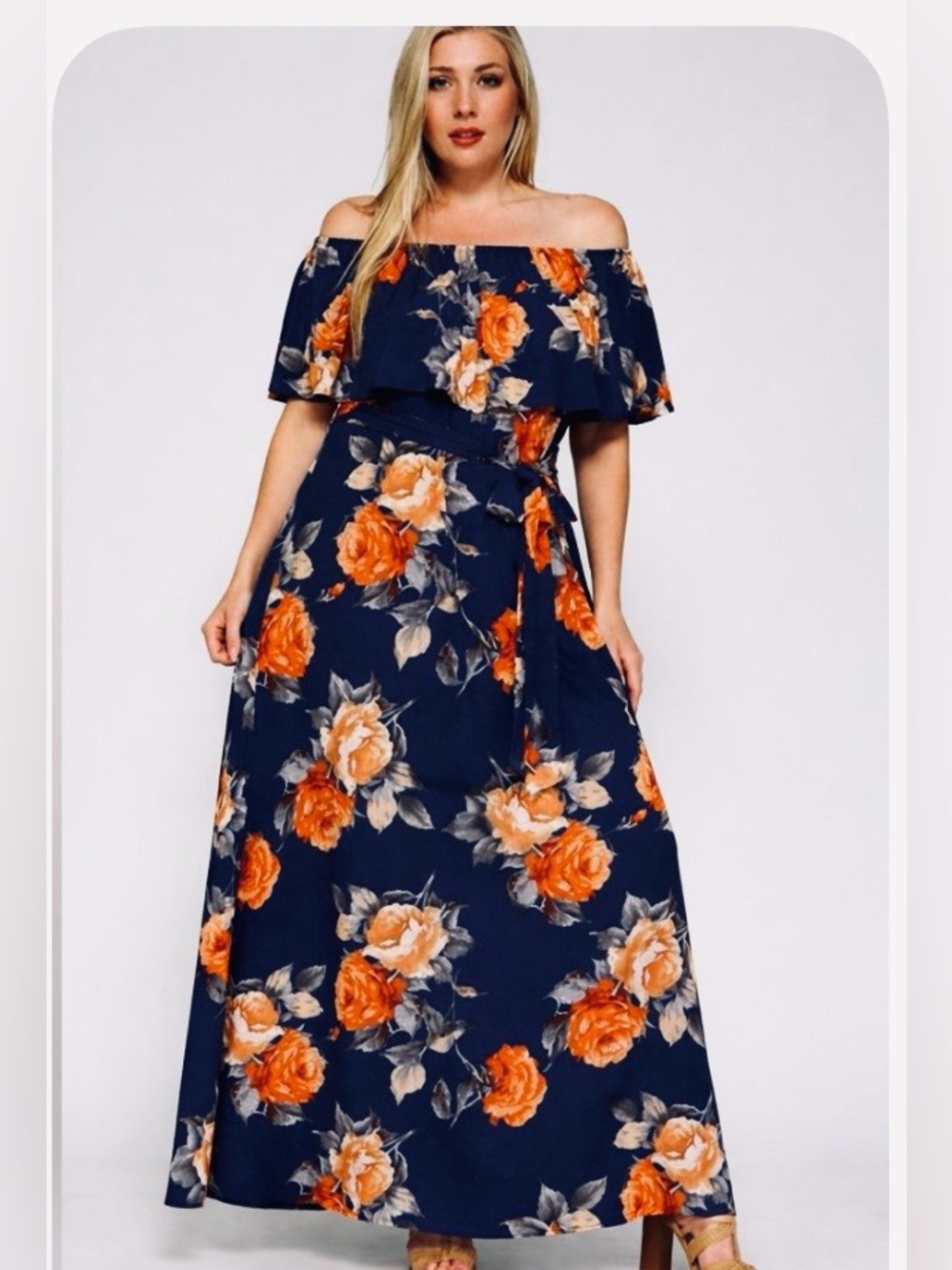 New!Plus Size Floral Off Shoulder Belted Maxi Dress Sizes  1X 2X 3X